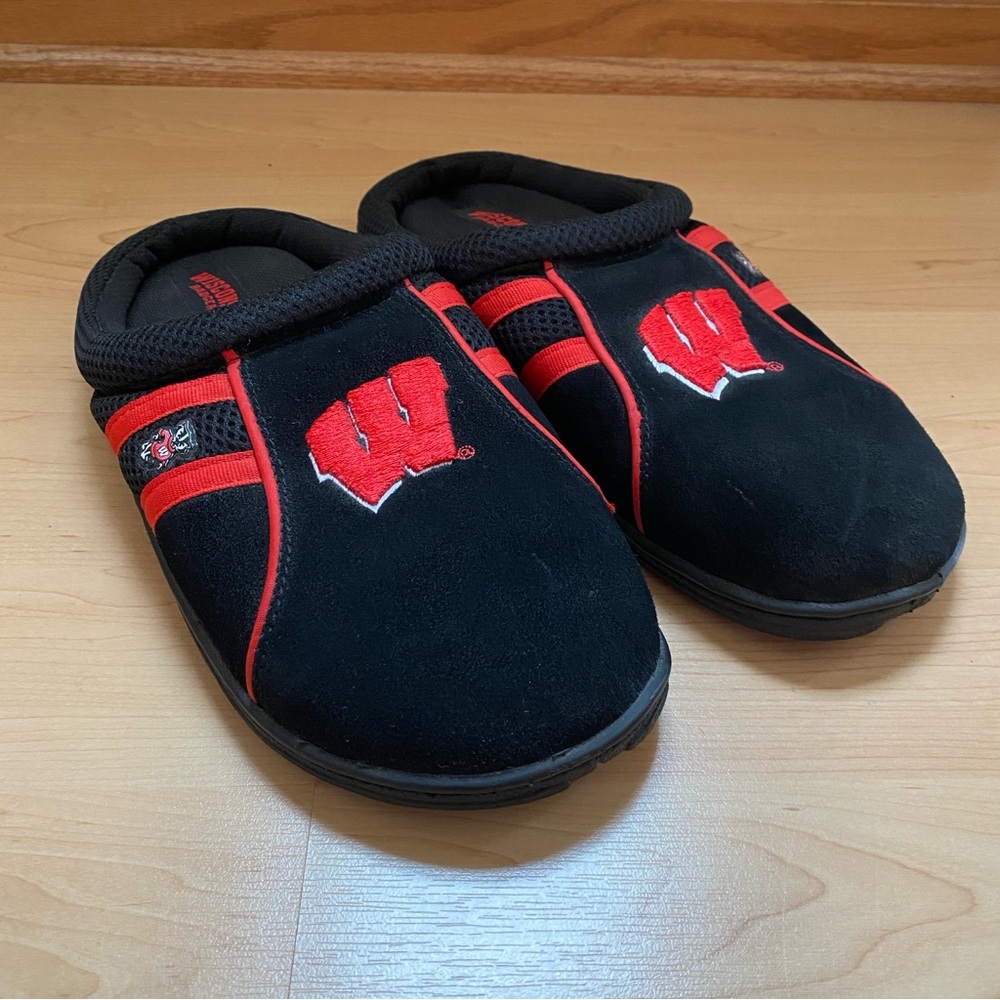 Wisconsin Badgers Bucky Badger Motion W Men’s Black Suede Mule Slippers (11-12)
